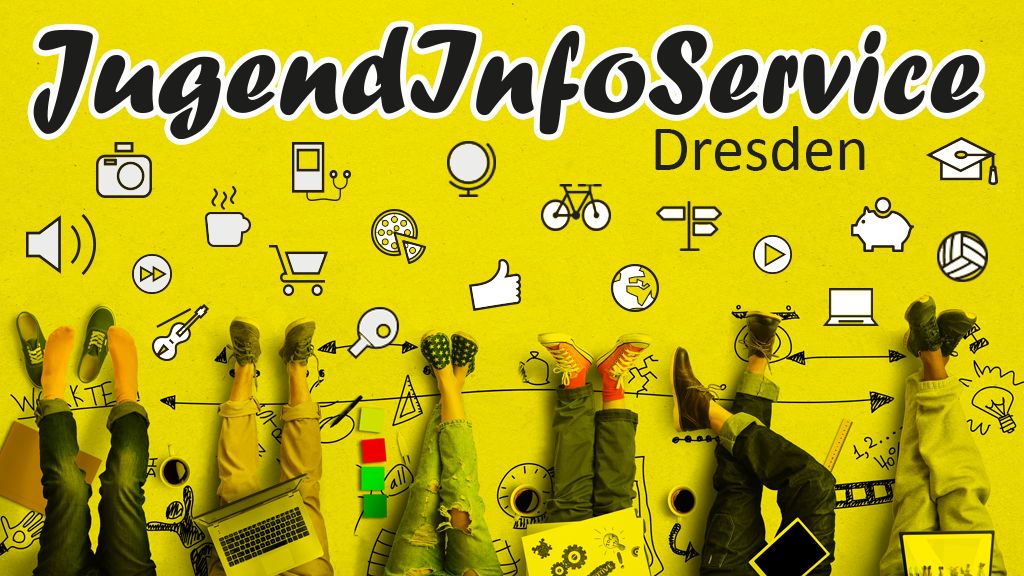 Grafik "JugendInfoService Dresden" auf gelbem Hintergrund