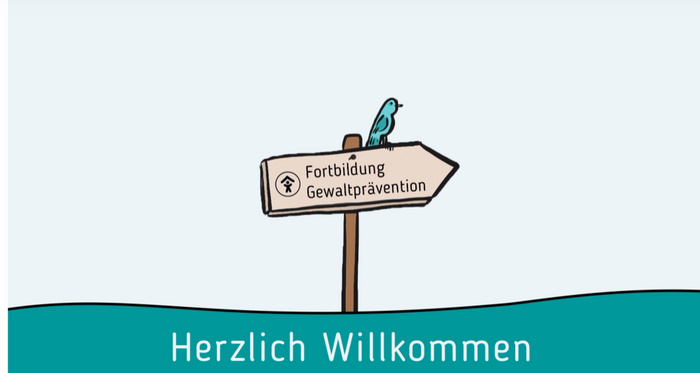Vogel sitzt auf Wegweiser mit Aufschrift Fortbildung Gewaltprävention