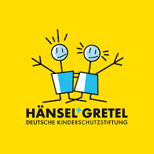 Blaue Strichmännchen auf gelbem Hintergrund mit Schriftzug "Hänsel und Gretel - Deutsche Kinderschutzstiftung2