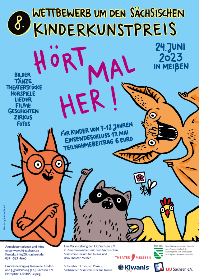Plakat zum Kinderkunstpreis mit verschiedenen gezeichneten Tieren